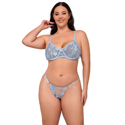 SUBBLIME - 957629 CONJUNTO DE SUTIÃ E CALCINHA BORDADOS COM FLORES AZUL CELESTE S/M - D-242927 - Dona Pimenta