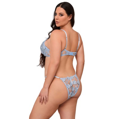 SUBBLIME - 957629 CONJUNTO DE SUTIÃ E CALCINHA BORDADOS COM FLORES AZUL CELESTE S/M - D-242927 - Dona Pimenta