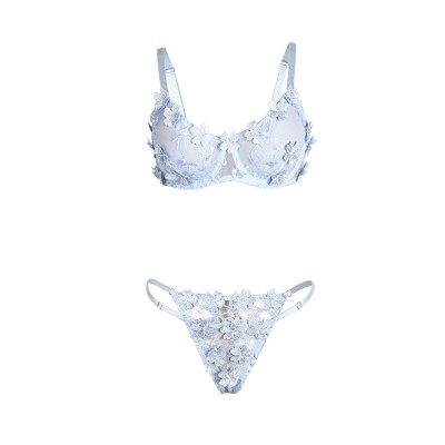 SUBBLIME - 957629 CONJUNTO DE SUTIÃ E CALCINHA BORDADOS COM FLORES AZUL CELESTE S/M - D-242927 - Dona Pimenta