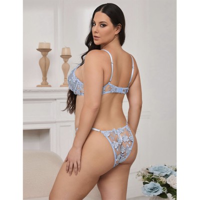 SUBBLIME - 957629 CONJUNTO DE SUTIÃ E CALCINHA BORDADOS COM FLORES AZUL CELESTE S/M - D-242927 - Dona Pimenta