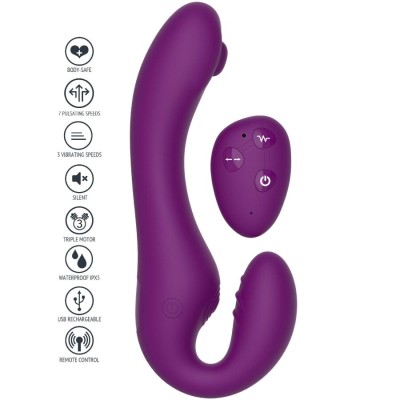 XOCOON - VIBRADOR STRAP-ON 2 EM 1 SEM ALÇAS COM CONTROLE REMOTO ROXO - D-243615 - Dona Pimenta