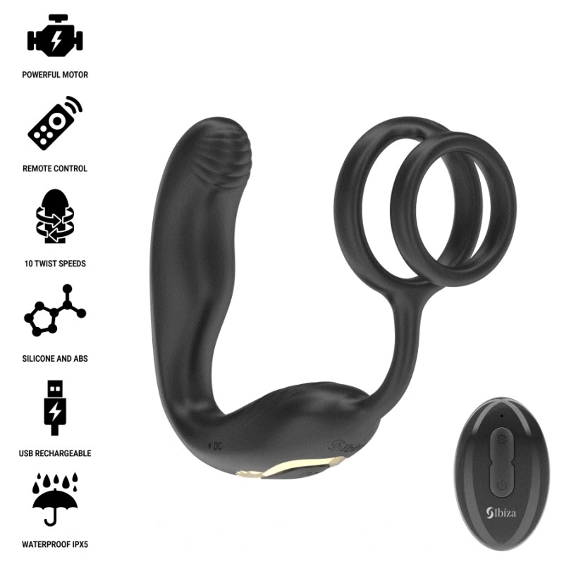 IBIZA - PLUG ANAL GIRATÃRIO COM CONTROLE REMOTO WIGGLE COM VIBRAÇÃO PERINEAL E ANÉIS PARA AUMENTO DO PÉNIS - D-242821 - Dona Pim