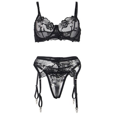 SUBBLIME - 945244 SUTIÃ + CALCINHA COM CINTO-LIGA DESIGN FLORAL PRETO L/XL - D-242190 - Dona Pimenta