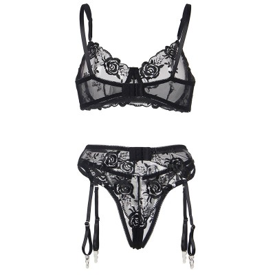 SUBBLIME - 945244 SUTIÃ + CALCINHA COM CINTO-LIGA DESIGN FLORAL PRETO L/XL - D-242190 - Dona Pimenta
