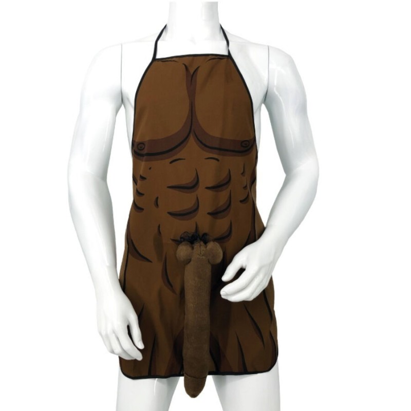 DIABLO PICANTE - AVENTAL MUSCULAR COM PÉNIS 3D EM TOM MARROM - D-243993 - Dona Pimenta