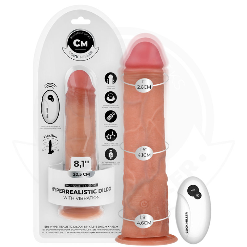 COCK MILLER - DILDO REALISTA COM VENTOSA E CONTROLE REMOTO VIBRAÇÃO 20,5 CM - D-243371 - Dona Pimenta