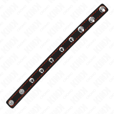 KINK - ANEL DE COURO PARA PÉNIS COM FECHO DE PRESSÃO FORRO VERMELHO 21 X 1,5 CM - D-241260 - Dona Pimenta