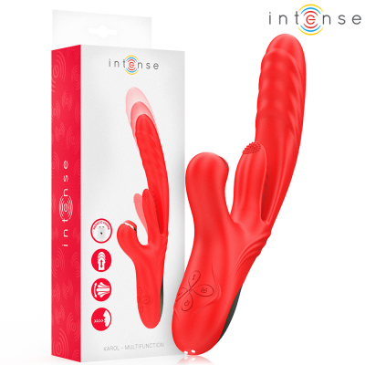 INTENSE - VIBRADOR MULTIFUNCIONAL KAROL THRUST & STIMULATION & ONDAS ESTIMULANTES VERMELHO - D-244481 - Dona Pimenta