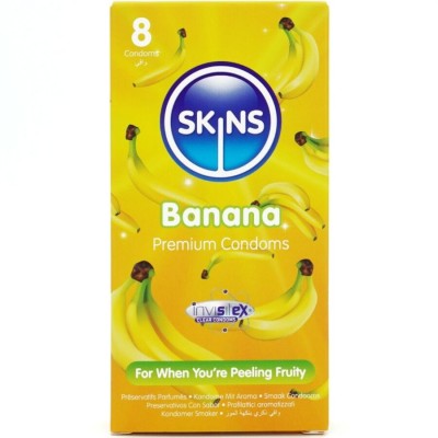 SKINS - PRESERVATIVOS BANANA PREMIUM PACOTE COM 8 - D-244395 - Dona Pimenta