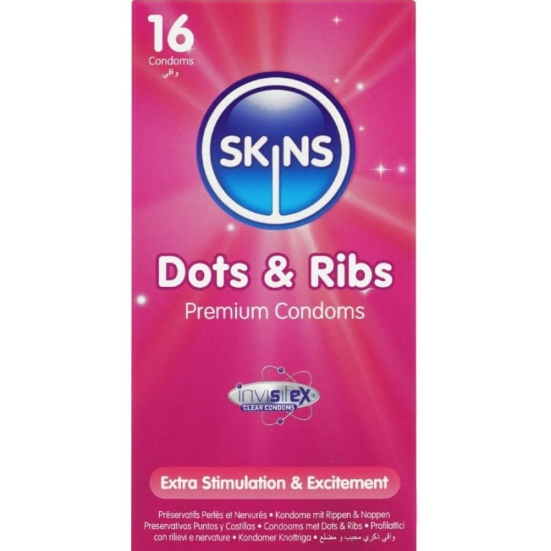 SKINS - DOTS & RIBS PREMIUM PRESERVATIVOS PACOTE COM 16 - D-244399 - Dona Pimenta SKINS - DOTS & RIBS PREMIUM PRESERVATIVOS PACOTE COM 16 - D-244399 - Dona Pimenta
