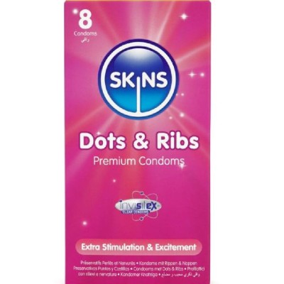 SKINS - DOTS & RIBS PREMIUM PRESERVATIVOS PACOTE 8 - D-244400 - Dona Pimenta