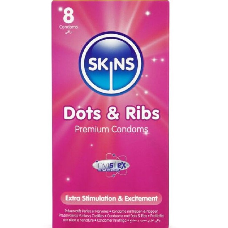 SKINS - DOTS & RIBS PREMIUM PRESERVATIVOS PACOTE 8 - D-244400 - Dona Pimenta SKINS - DOTS & RIBS PREMIUM PRESERVATIVOS PACOTE 8 - D-244400 - Dona Pimenta