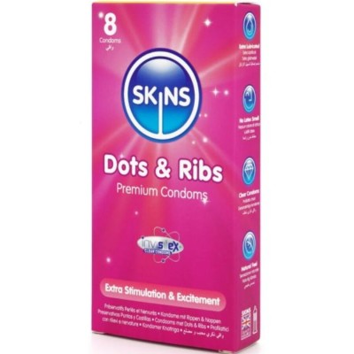 SKINS - DOTS & RIBS PREMIUM PRESERVATIVOS PACOTE 8 - D-244400 - Dona Pimenta