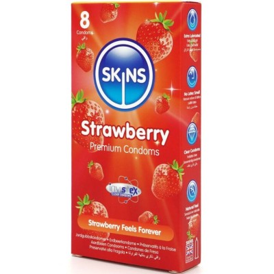 SKINS - PRESERVATIVOS PREMIUM DE MORANGO - PACOTE COM 8 - D-244410 - Dona Pimenta