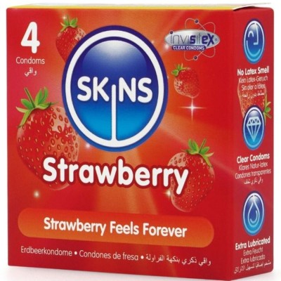 SKINS - PACOTE COM 4 PRESERVATIVOS PREMIUM DE MORANGO - D-244411 - Dona Pimenta
