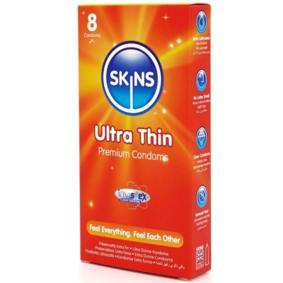 SKINS - PRESERVATIVOS ULTRA FINOS PREMIUM PACOTE COM 8 - D-244413 - Dona Pimenta