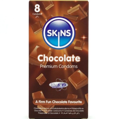 SKINS - PRESERVATIVOS CHOCOLATE PREMIUM PACOTE 8 - D-244419 - Dona Pimenta