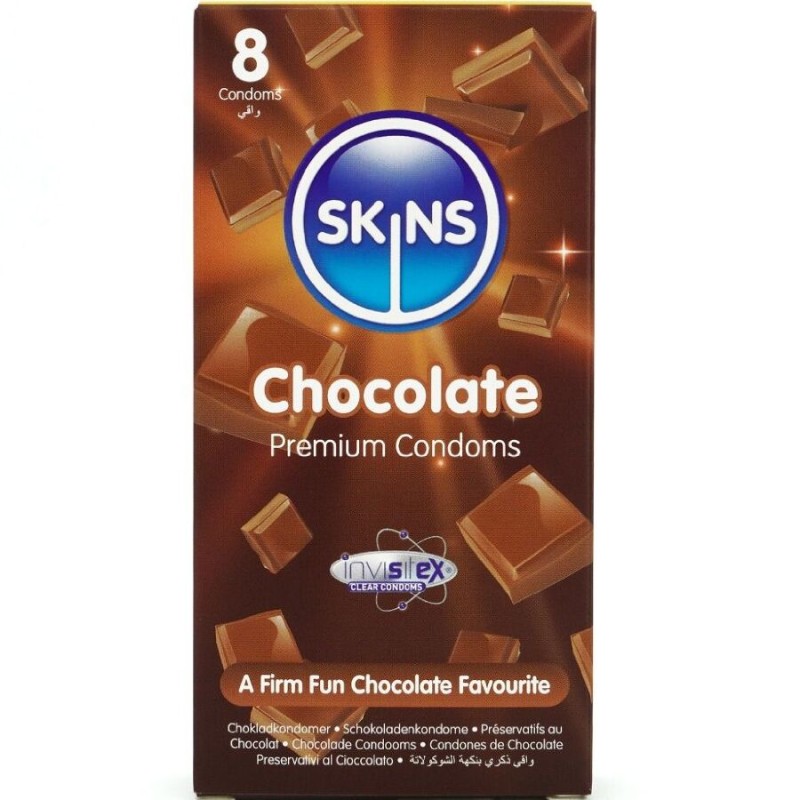 SKINS - PRESERVATIVOS CHOCOLATE PREMIUM PACOTE 8 - D-244419 - Dona Pimenta