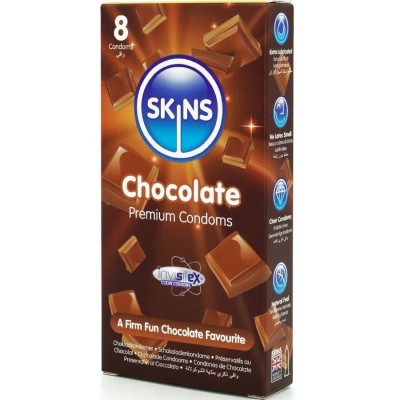 SKINS - PRESERVATIVOS CHOCOLATE PREMIUM PACOTE 8 - D-244419 - Dona Pimenta