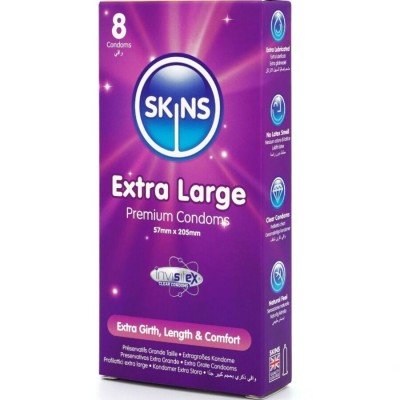 SKINS - PRESERVATIVOS EXTRA GRANDE PREMIUM PACOTE COM 8 - D-244416 - Dona Pimenta
