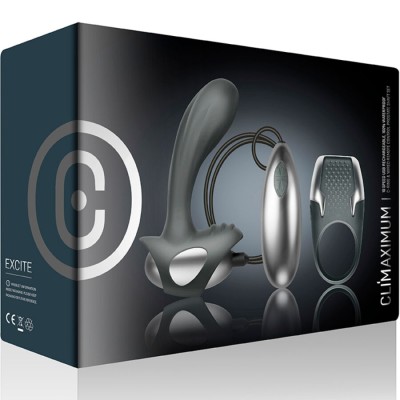 CLIMAXIMUM - KIT EXCITE ANEL PARA PÉNIS + MASSAGEADOR DE PRÓSTATA COM FIO - D-244503 - Dona Pimenta