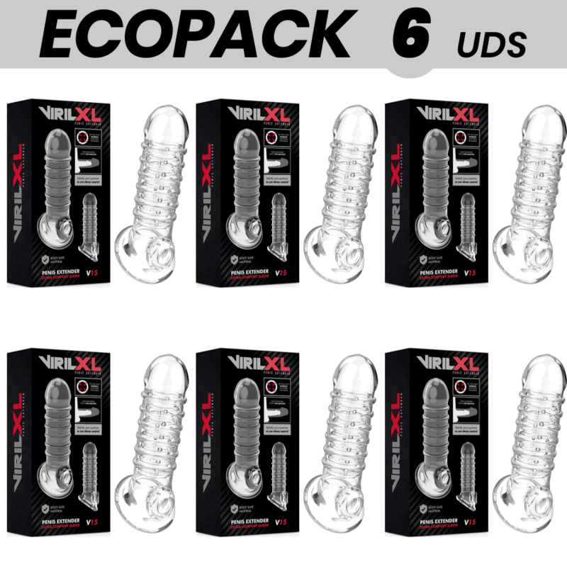 ECOPACK 6 UNIDADES - EXTENSO VIRILXL E BAINHA PARA PÉNIS V15 TRANSPARENTE - D-231587 - Dona Pimenta