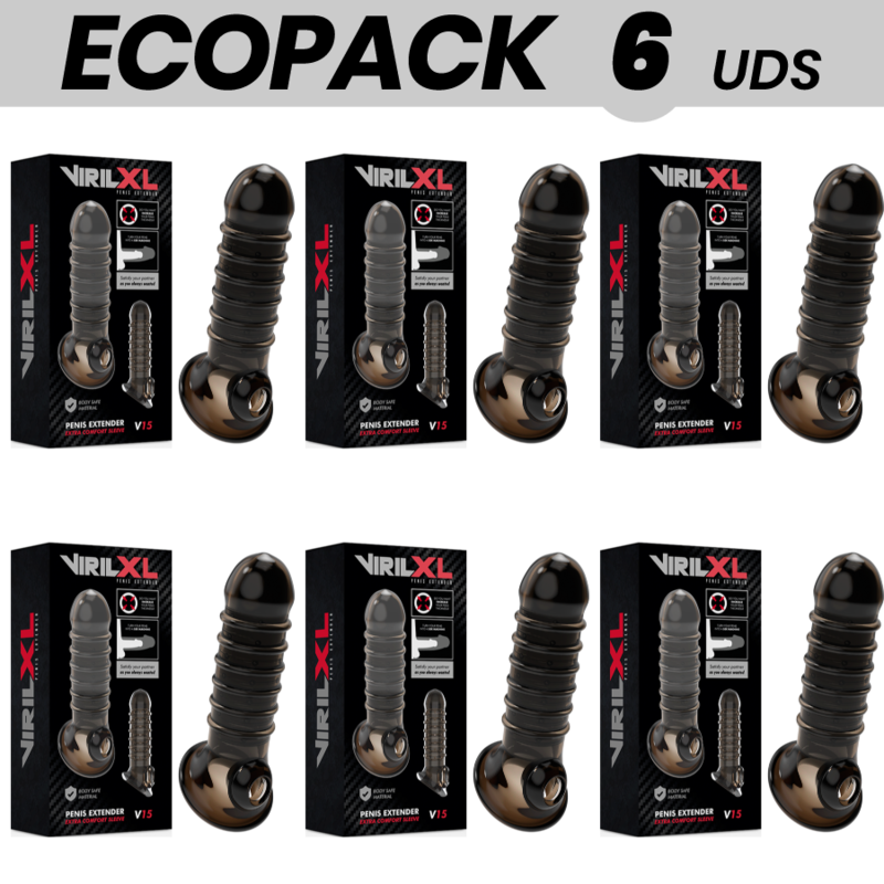 ECOPACK 6 UNIDADES - EXTENSO DE PÉNIS VIRILXL E BAINHA V15 PRETA - D-231588 - Dona Pimenta