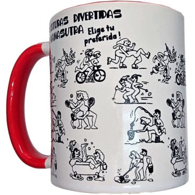 DIABLO PICANTE - CANECA KAMASUTRA POSITIONS BRANCA COM ALÇA VERMELHA 370 ML - D-244773 - Dona Pimenta