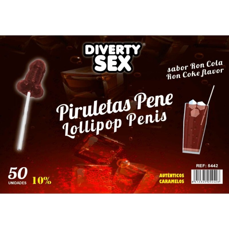DIABLO GOLOSO - 50 PÉNIS PIRULITOPS RON COLA SABOR 10% ÁLCOOL - D-244781 - Dona Pimenta